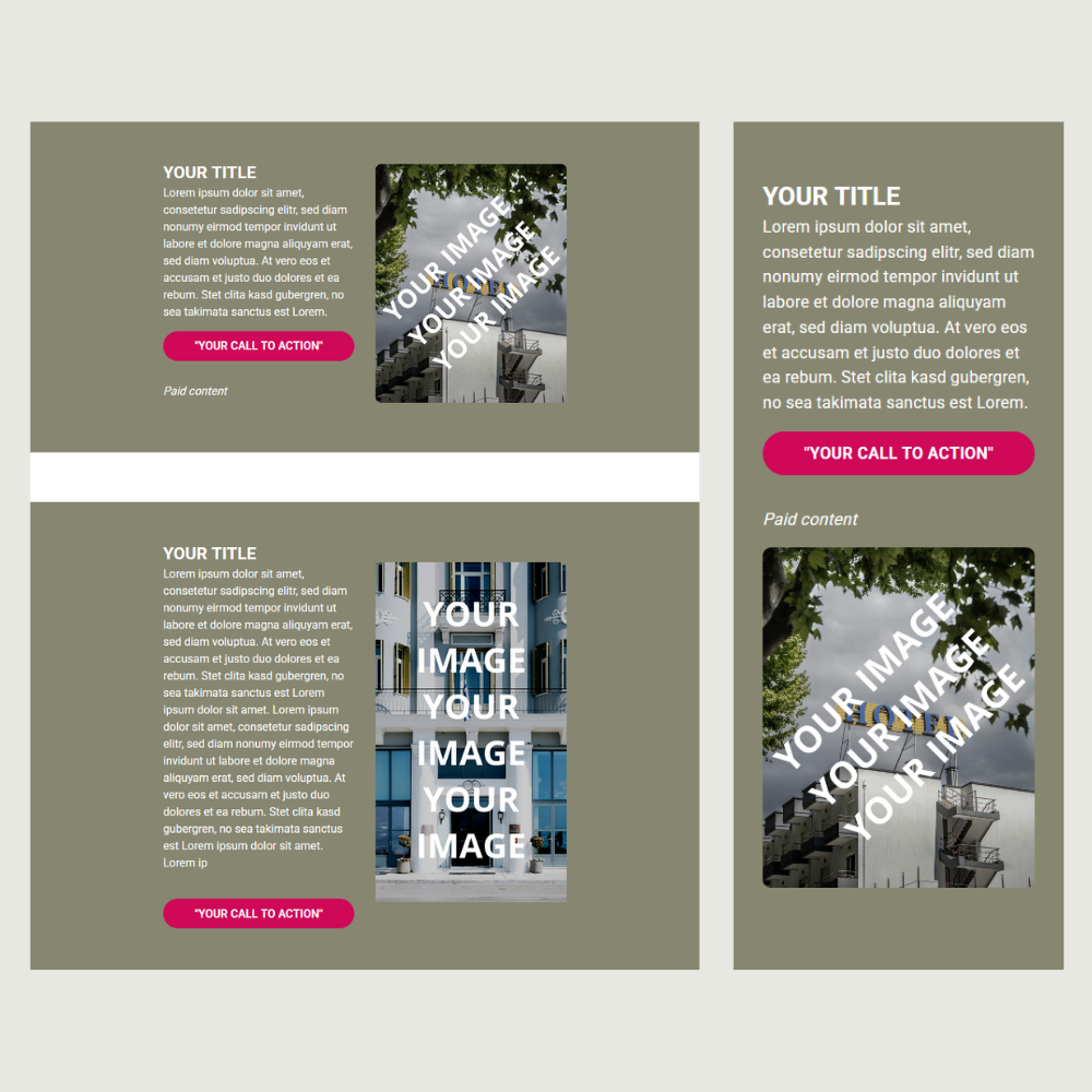 Screenshot Beispiel Newsletter Werbefeld mit Platzhalter Bild, Titel und Werbetext in Desktop und Mobile Ansicht.