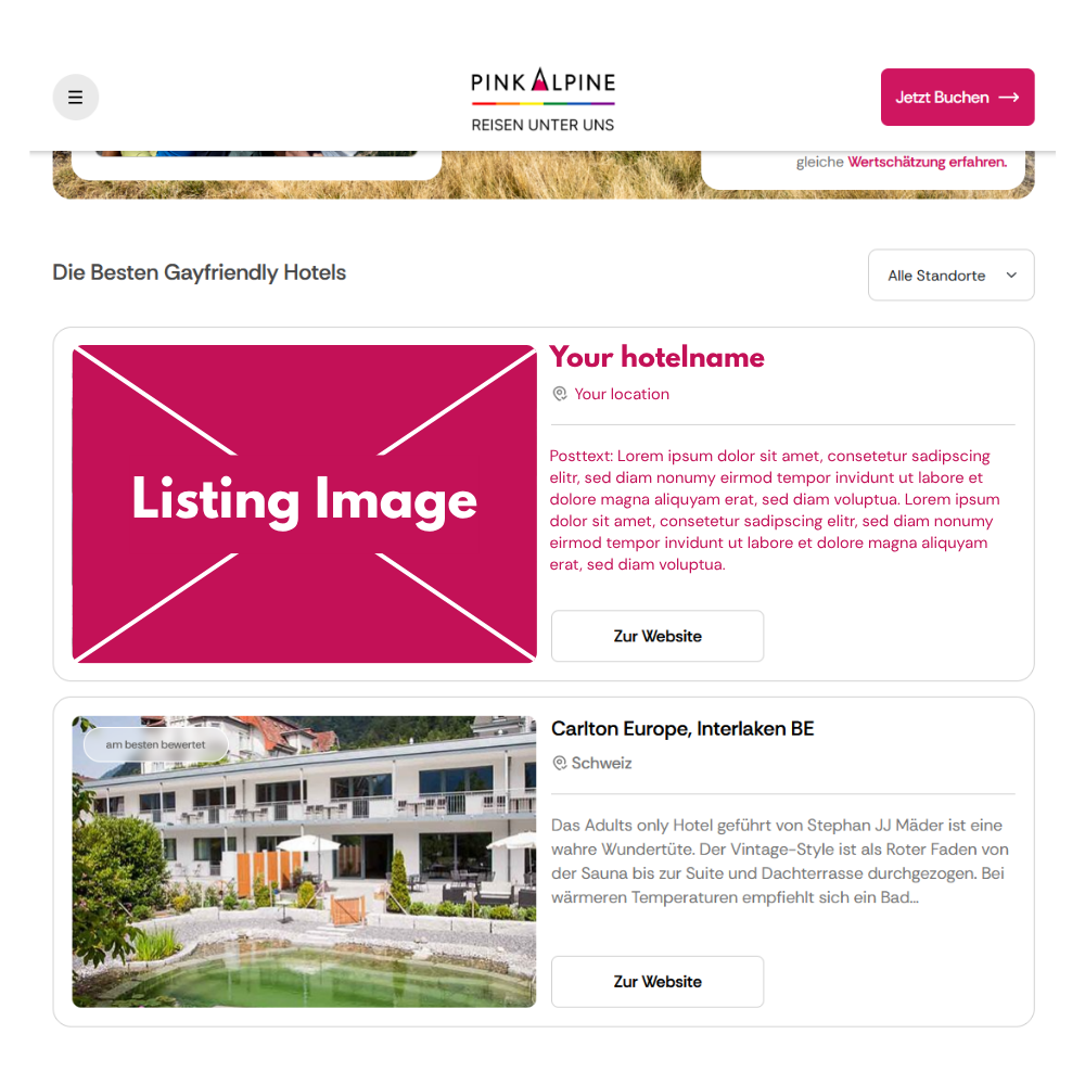 Screenshot Beispiel Gayfriendly Hotels Listing mit Platzhalter Foto, Titel und Werbetext.